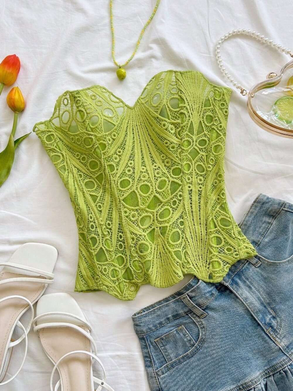 Green Casual Women's Off-The-Shoulder Lace Corset Bustier Top